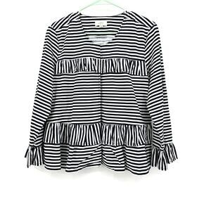 Loft Outlet Size Medium Jacket Black & White Stripe Linen Ruffles Long‎ Sleeve